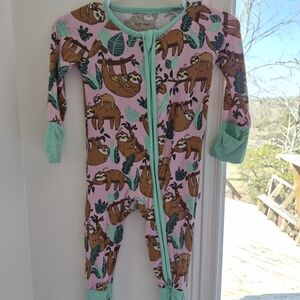 Little Sleepies Pink Sloth Print Footed One-Piece with Mint Trim